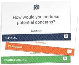 Three cards with text. The top card reads, "How would you address potential concerns?" with "#collabcues" below. The middle card is labeled "REFINING," and the bottom card "PLANNING" with "BRAINSTORMING" in green.
