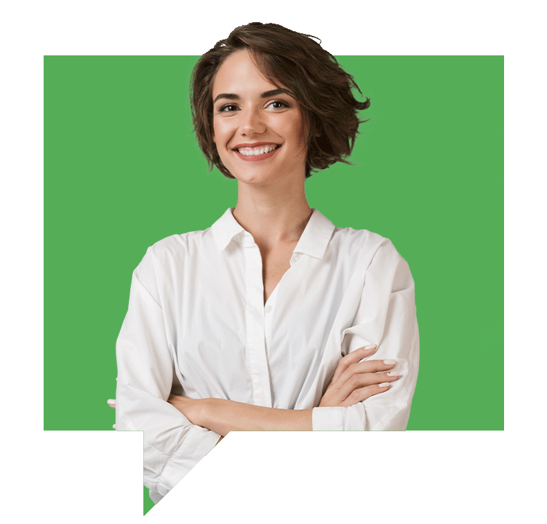 A person with short brown hair, wearing a white shirt, smiles with arms crossed. The background is a bright green speech bubble shape.