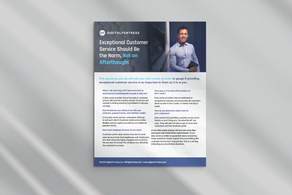 A brochure titled "Exceptional Customer Service Should Be the Norm, Not an Afterthought" features a smiling person standing in a data center. It includes text about questions to ask your data center provider regarding customer service.