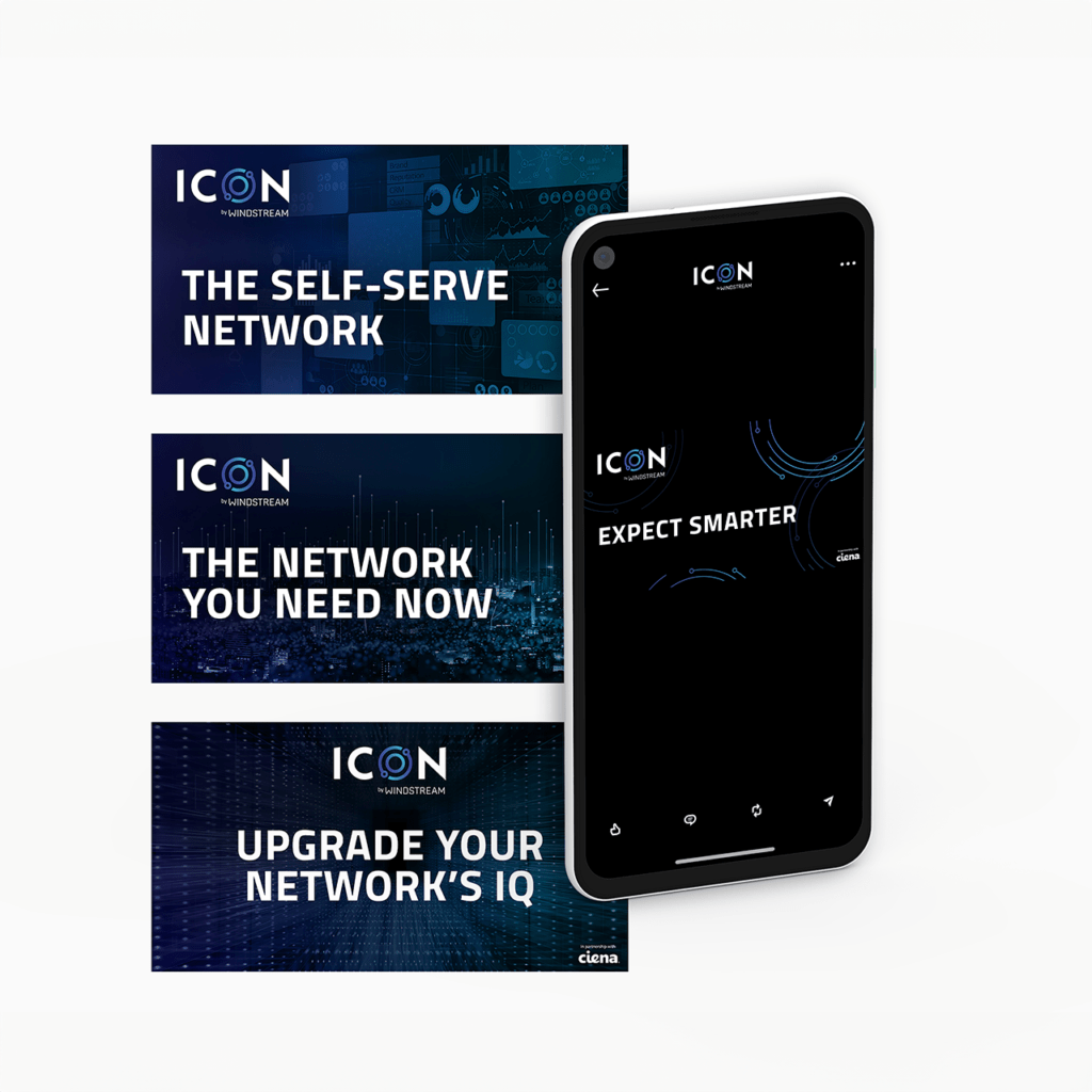 A smartphone displays a screen with the text "ICON - EXPECT SMARTER." Surrounding the phone are three cards with the following texts: "THE SELF-SERVE NETWORK," "THE NETWORK YOU NEED NOW," and "UPGRADE YOUR NETWORK'S IQ." All feature a blue and black design.