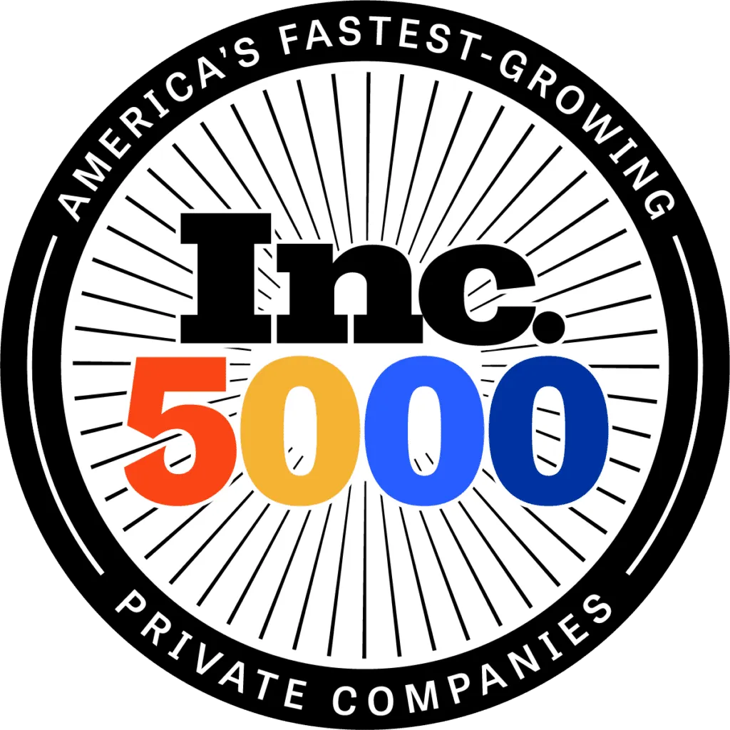 Inc. 5000 logo with the text "America's Fastest-Growing Private Companies" surrounding "Inc. 5000" in black, orange, yellow, and blue on a white circular background with radiating lines.