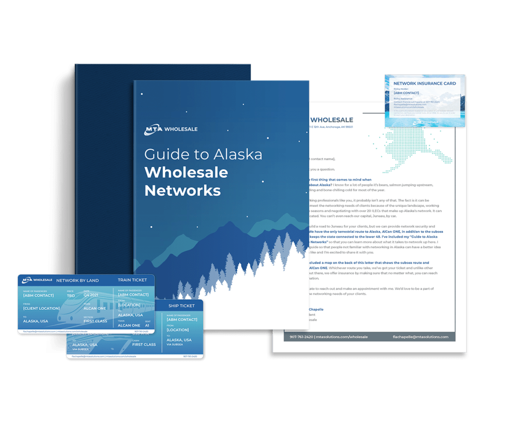 A collage features a brochure titled "Guide to Alaska Wholesale Networks" with a mountain and forest design, a letter, a network insurance card, and three ticket images labeled for air, train, and ship travel in Alaska.