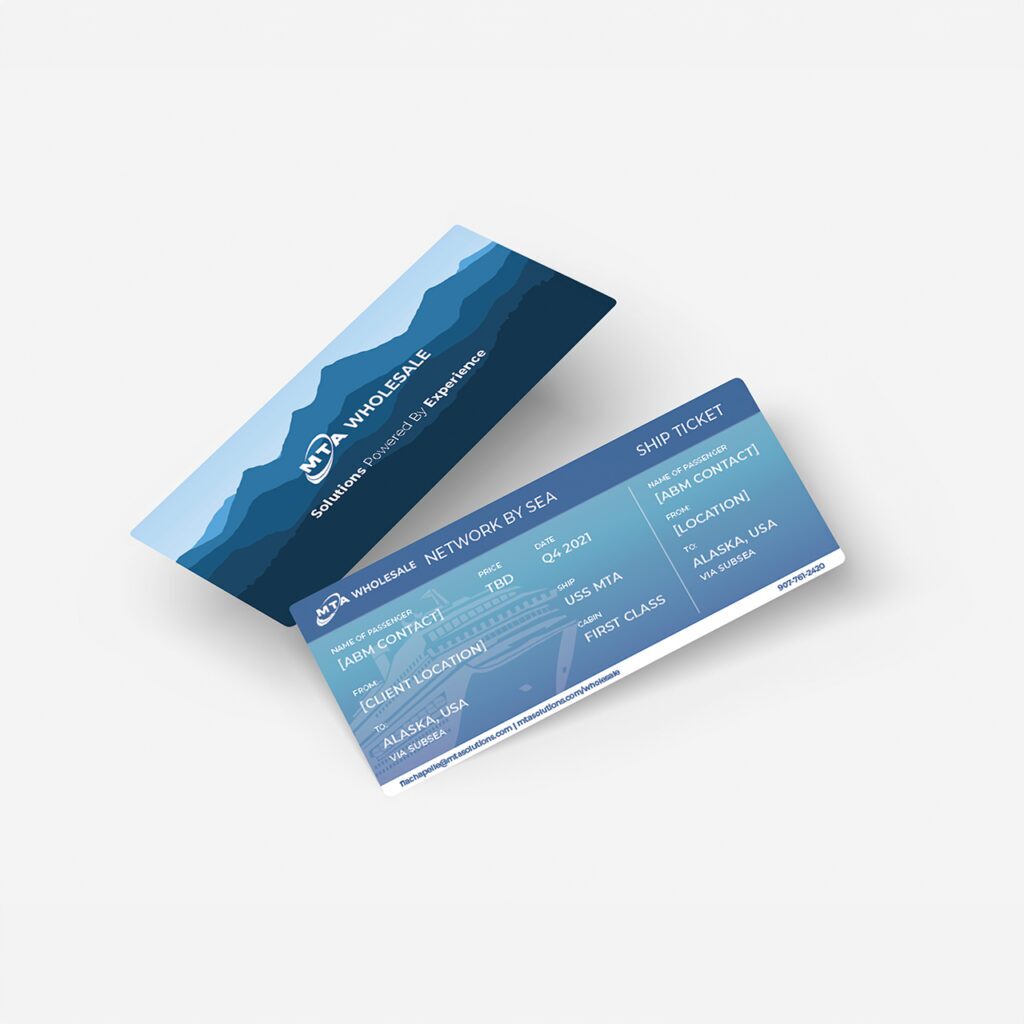 A ship ticket featuring a mountain design. The ticket includes details such as contact number, ticket ID, and location in Alaska, USA. The branding highlights "Wholesale Network by Sea" and emphasizes sustainability.