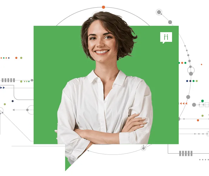 Smiling person with short brown hair and a white shirt stands with arms crossed. A green rectangle frames them, and there are abstract circuit-like designs in the background.