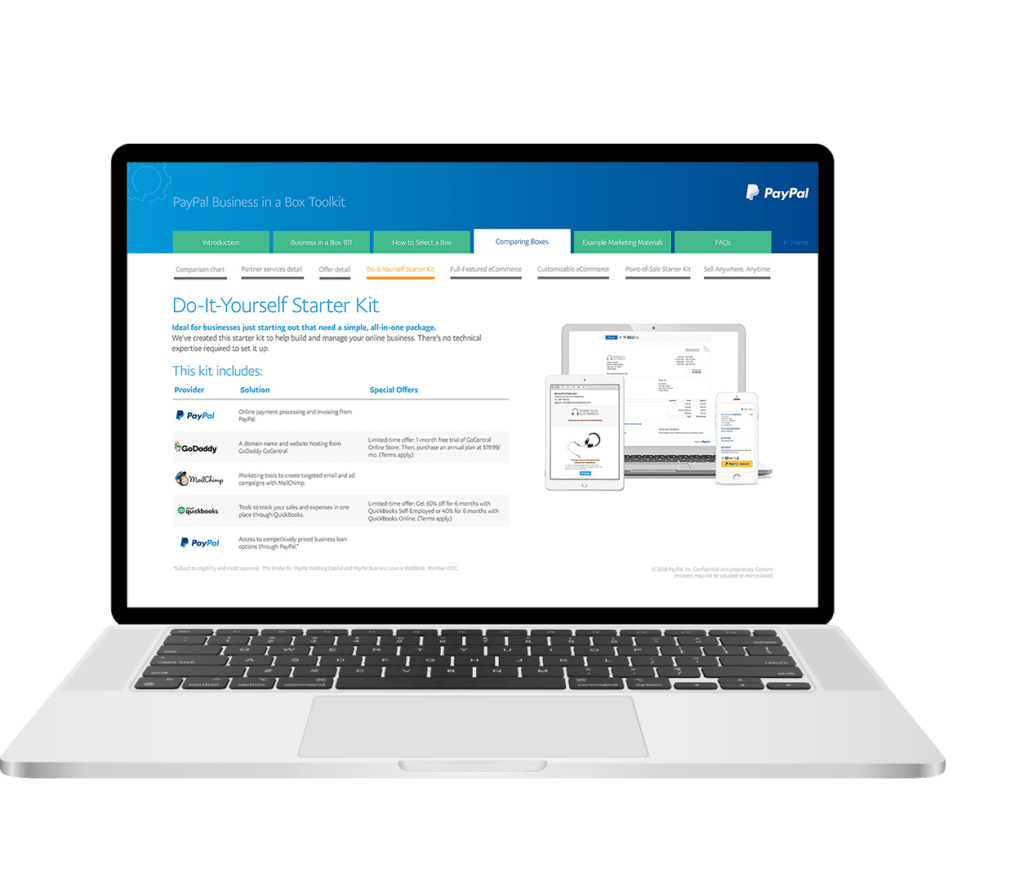 A laptop displays the PayPal Business in a Box Toolkit webpage. The page features the Do-It-Yourself Starter Kit with logos for PayPal, Intuit QuickBooks, and WooCommerce, and details on setting up an online store.