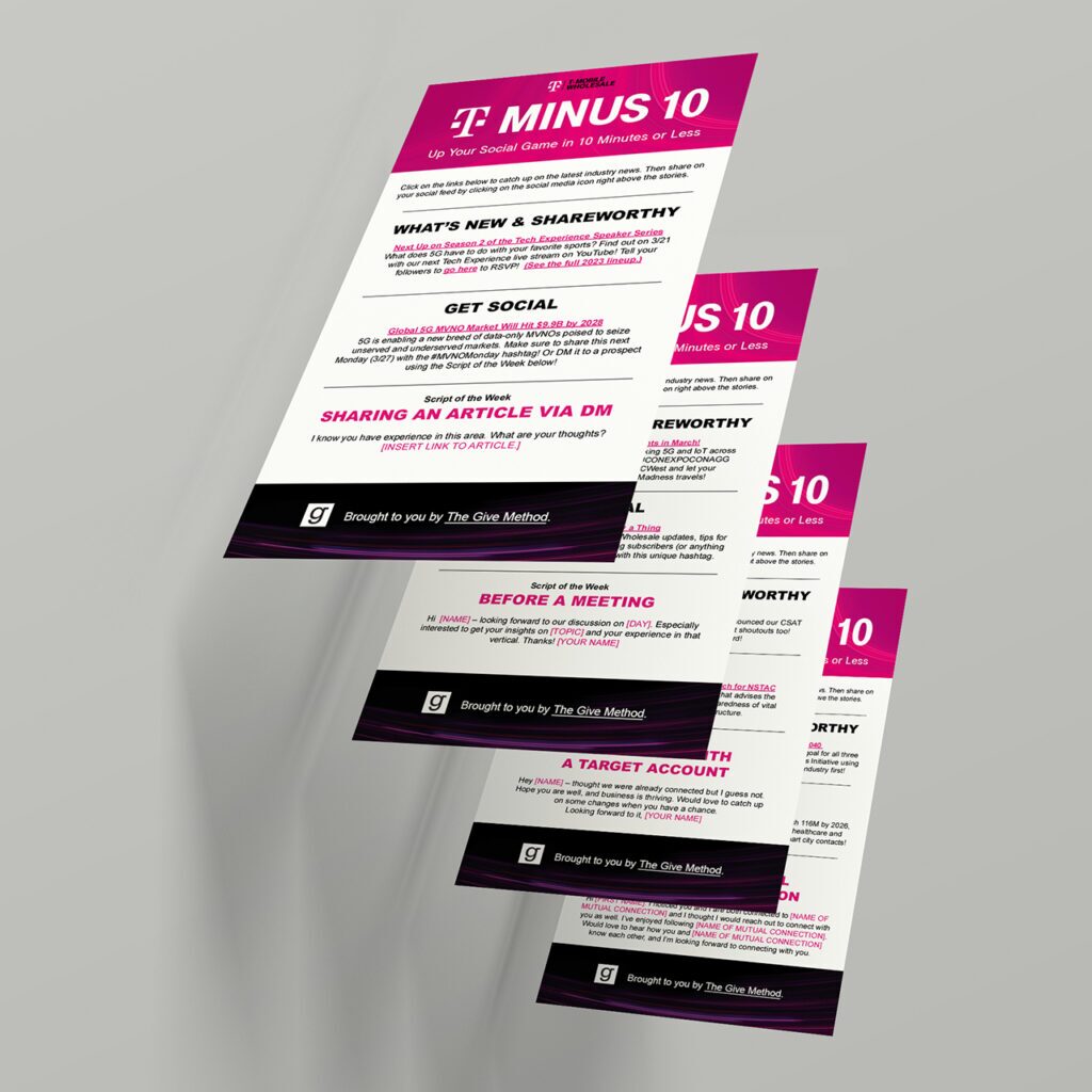 A stack of four pink and white flyers titled "T Minus 10" with text about social media engagement tips. Each flyer features bullet points and sections on getting social, sharing articles, and more. The flyers are presented at an angle.