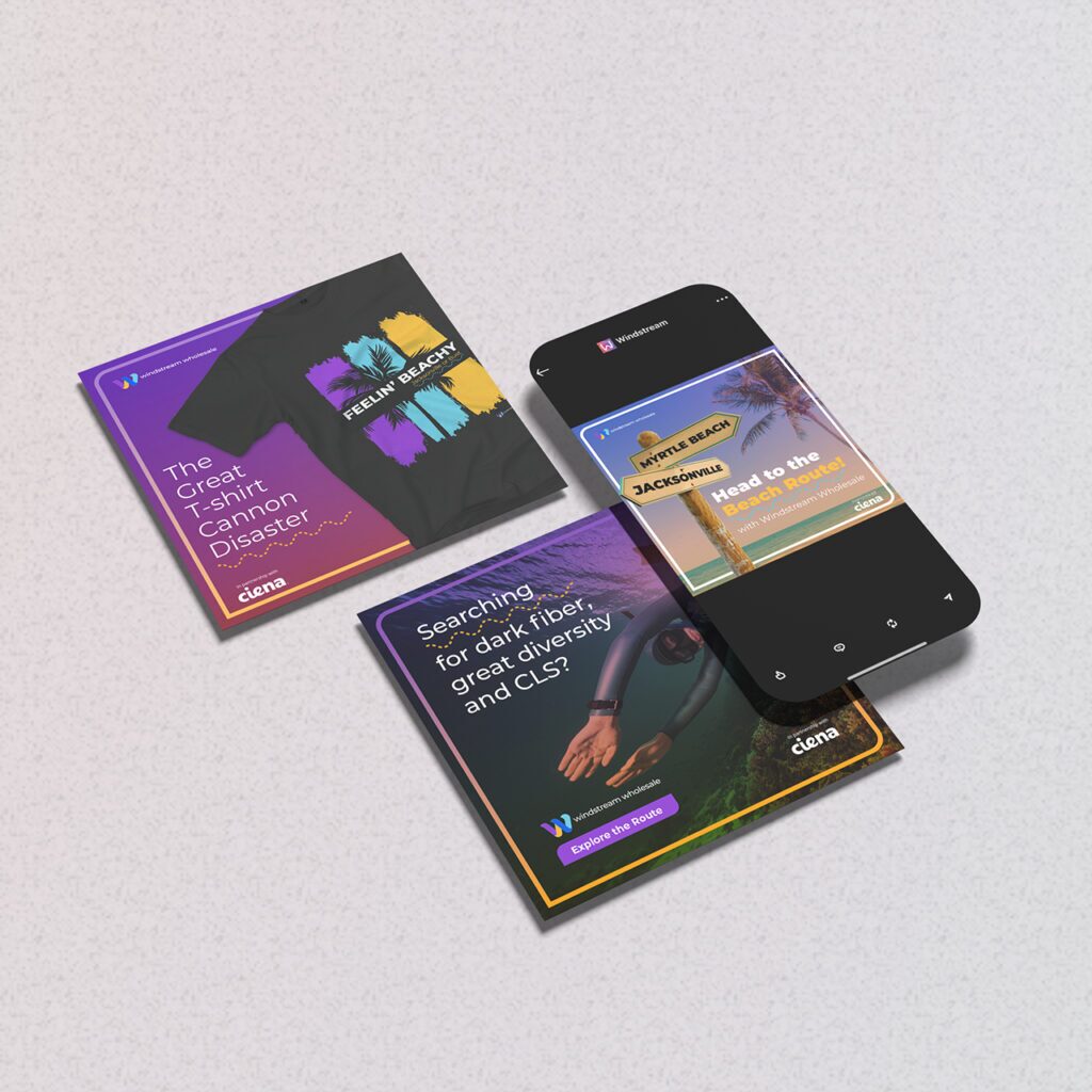 Three digital advertisement graphics and a smartphone. One ad features a "Grand Canyon Disaster," another promotes a "Felicity Beach Package," and the third seeks "Fiber Diversity." The smartphone displays a similar beach-themed ad.
