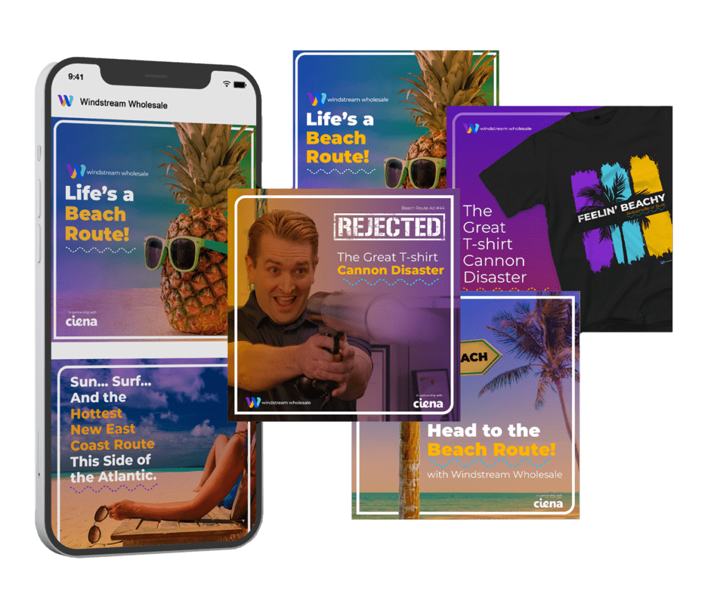A collage featuring a man reacting with surprise amid vacation-themed items: a palm tree, pineapple, beach T-shirts, and colorful posters. Text mentions "Life's a Beach," "Feelin' Beachy," and "The Great T-shirt Cannon Disaster.