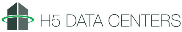 Logo of H5 Data Centers featuring a stylized building silhouette with a green oval ring and the text "H5 DATA CENTERS" in bold, dark letters.