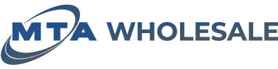 Logo with the text "MTA WHOLESALE" in blue gradient. The letters "MTA" are bold and have a swoosh design encircling them.