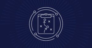 White line drawing of a clipboard with a strategy diagram—arrows and Xs—on a dark blue background with radial lines and a circular orbit-like design around the clipboard.