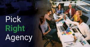 Six diverse young professionals sit around a table with laptops and color swatches, high-fiving and smiling. Text on the left reads, "Pick Right Agency." The office environment is modern and collaborative.
