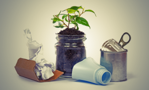A small plant growing in a jar filled with soil, surrounded by recyclable items, including a crumpled paper, a cardboard carton, a plastic bottle, and a tin can. The setup suggests an eco-friendly, recycling theme.