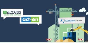 Illustration of a construction site with a crane and bulldozer. Speech bubbles depict logos for "access marketing company," "act-on," and "TotalRewards Software." The crane lifts a sign labeled "TotalRewards Software" against a cityscape background.