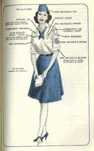 Illustration of a Cub Scouts den mother in uniform. She's wearing a navy blue hat, white blouse with blue insignia patches, blue skirt, and heels. Labels indicate various uniform components like the den mother's pin, award, badge, and blouse.