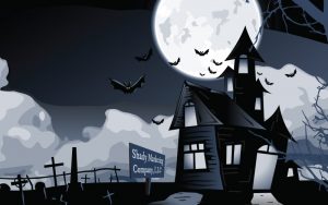 A spooky haunted house under a full moon with flying bats and a graveyard. A sign reads "Shady Marketing Company, LLC" beside the house, creating an eerie Halloween atmosphere.