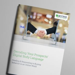 Brochure titled "Decoding Your Prospects' Digital Body Language" with an image of two hands shaking, emerging from computer screens. The Access Marketing Company logo is in the top right corner.
