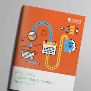 Cover of a booklet titled "Help or Hype: Is Marketing Automation the Answer?" featuring colorful, stylized icons of a magnifying glass, calendar, pencil, and a human head connected by lines. The background is orange with the "Access Marketing Company" logo.
