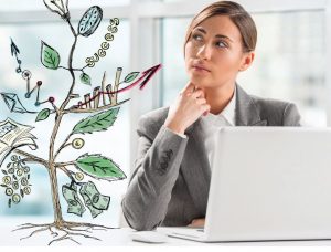 A woman in a gray suit sits thoughtfully at a desk with a laptop, pondering her next content marketing strategy. Next to her is an illustration of a tree with branches symbolizing growth, success, and money, featuring clocks, books, and leaves with dollar signs.