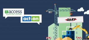 Illustration of a construction site with a crane lifting a sign labeled "Dart." Logos for "Access Marketing Company" and "Act-On" are floating in speech bubbles against a blue sky background. Buildings and construction equipment are visible.
