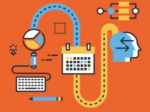 An abstract illustration with a pie chart, magnifying glass, calendar, keyboard, pencil, and human profiles with arrows on an orange background. Connected by lines, representing concepts of planning, research, or analysis.