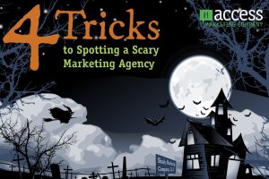 A Halloween-themed illustration featuring a haunted house, bats, and a full moon. The large orange text reads "4 Tricks to Spotting a Scary Marketing Agency," with spooky trees and clouds in the background.