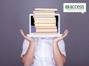 A person holding a laptop with a stack of books on webinar best practices emerging from the screen, obscuring their face. The background is gray, and a logo in the top right corner reads "Access Marketing Company.