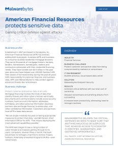 Business case study document titled "American Financial Resources protects sensitive data." It highlights strategies for protecting data using cloud-based solutions and VMware technology. Sections include business profile, challenge, solution, and benefits.