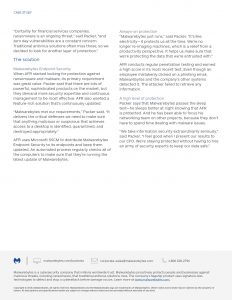 A document detailing a case study on ransomware protection solutions by Malwarebytes. It includes sections on the challenge, solution, and results, featuring quotes from an IT director named Packer, and highlighting Always-on Protection benefits.