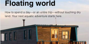 A houseboat on the water at sunset with a wooden exterior and multiple windows. The text reads: "Floating world. Navigate your next aquatic adventure here, where serenity meets the sea, teaching us tranquility even in the face of life's storms.