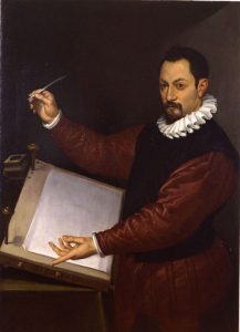 A historical painting of a bearded man in Renaissance clothing, holding a quill pen over an empty book on a lectern. With his ruffled collar and dark vest over a red garment, he gazes thoughtfully at the viewer, as if contemplating Title Case vs sentence case for his unwritten words.