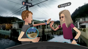 Two digital avatars interact in a virtual reality environment, reflecting on how brands should respond to tragedies. In the backdrop of a flooded street and houses, one avatar sports glasses and a purple shirt, while the other has curly hair and holds a blue sphere.