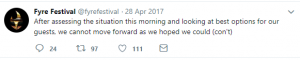 A tweet from April 28, 2017, by the Fyre Festival account reads: "After assessing the situation this morning and looking at best options for our guests, we cannot move forward as we hoped we could (con't)". Icons show 24 comments, 97 retweets, and 111 likes. #FyreFestival