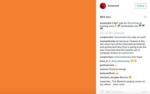 Instagram post with an orange background, featuring text from user "bellahadid." The post bursts with excitement for Fyre Festival, boasting it will happen soon and is sprinkled with party and flag emojis. Several comments buzz beneath, joining the anticipation.