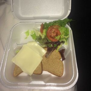 A foam takeout container reminiscent of the infamous Fyre Festival, with two slices of whole wheat bread, each topped with a slice of white cheese. Beside the bread is a small salad featuring mixed greens and a lone slice of tomato.
