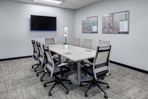 A modern conference room with a rectangular table and eight swivel chairs. There's a wall-mounted TV, two maps on the wall, and a potted orchid centerpiece on the table. The room has gray carpet and white walls.