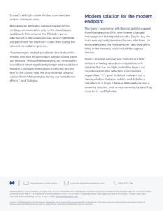 A page showcasing Malwarebytes' EPR product, highlighting user testimonials and details about its effectiveness against cyber threats like Emotet. The text outlines the product's benefits and features such as automation and fast remediation.