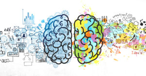 Illustration of a brain with two halves: left side in blue with gears, charts, and tech symbols representing logic and analytics; right side in colorful, abstract drawings with clouds, pencils, and light bulbs symbolizing creativity and ideas.