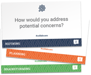 Three cards with text. The top card reads, "How would you address potential concerns?" with "#collabcues" below. The middle card is labeled "REFINING," and the bottom card "PLANNING" with "BRAINSTORMING" in green.