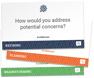 Three cards with text. The top card reads, "How would you address potential concerns?" with "#collabcues" below. The middle card is labeled "REFINING," and the bottom card "PLANNING" with "BRAINSTORMING" in green.