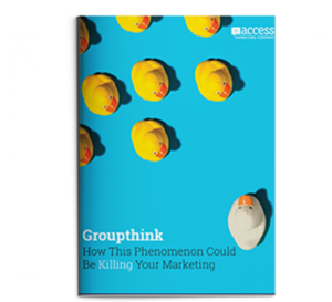 A book cover titled "Groupthink: How This Phenomenon Could Be Killing Your Marketing" features a row of yellow rubber ducks and one white duck on a bright blue background. The publisher's logo, Access Marketing Company, is at the top right.