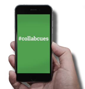 A hand holding a smartphone displaying a green screen with the white text "#collabcues" centered on it.