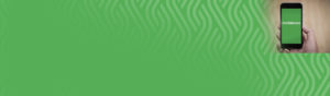 A hand holding a smartphone displaying a green screen with the text "#colabore" in white. The background features a green pattern with abstract, wavy lines.