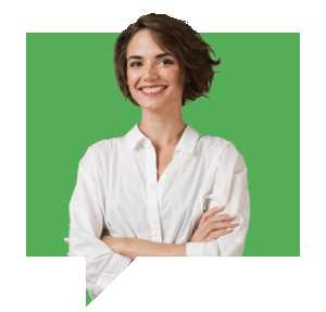 A person with short brown hair, wearing a white shirt, smiles with arms crossed. The background is a bright green speech bubble shape.