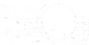 A minimalistic digital circuit design featuring a large central circle. The background is white, adorned with various lines, dots, and abstract symbols in muted pastel colors like orange, green, and blue, suggesting a technological or futuristic theme.