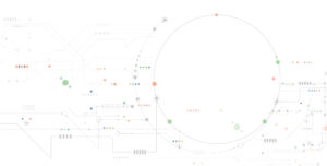 Abstract digital illustration with a large, central circle surrounded by circuit-like lines, shapes, and colorful dots on a white background, resembling a technology or network theme.