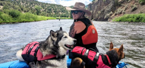 A person in a hat and life vest is rafting on a river with two dogs wearing pink life jackets. The river is surrounded by lush green hills and rocky cliffs under a partly cloudy sky.
