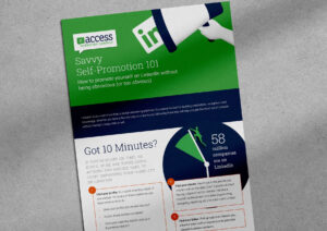 A flyer titled "Savvy Self-Promotion 101" with tips for promoting yourself on LinkedIn. It features a megaphone graphic and statistics about LinkedIn, along with three key strategies for enhancing visibility on the platform.