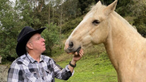 A person wearing a black cowboy hat and plaid shirt is gently touching the chin of a light-colored horse. They are in a green, grassy area with trees in the background.