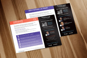 A flyer showcases the "Reputation University" event happening on May 8-9. It includes a schedule of corporate talks and networking opportunities with featured speakers. Logos of sponsors like Google and J.D. Power are displayed.